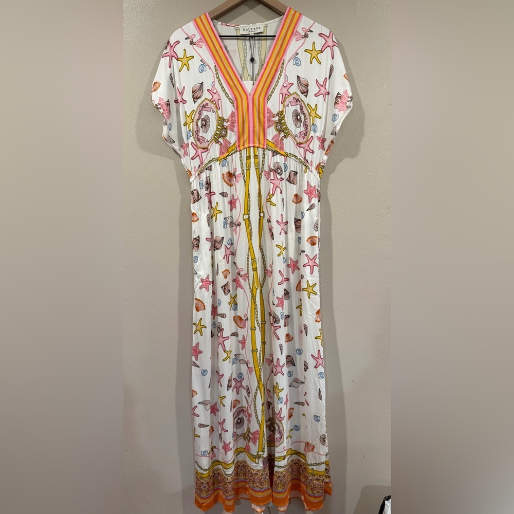 NWT Hale Bob Chain Print Dress in Cream and Gold Size Large